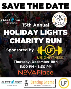 Fleet Feet and Dancing Gnome Run Clubs' Holiday Lights Charity Run sponsored by Union Fitness Logo