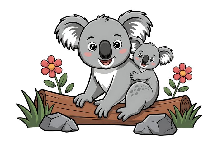 Cartoon koala with baby joey on log illustration