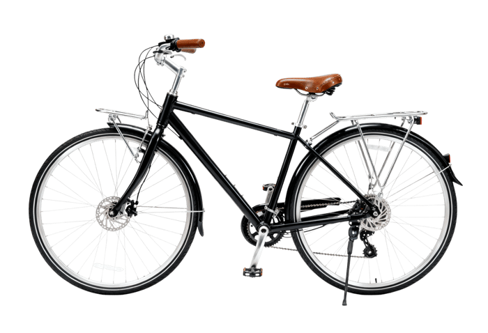 Black commuter bicycle with silver accessories and brown seat