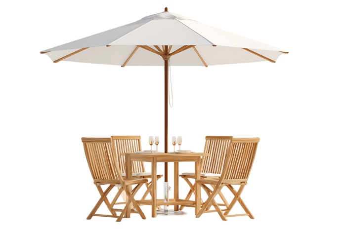 Elegant teak wood patio furniture with a white parasol. Perfect for outdoor dining and relaxation.