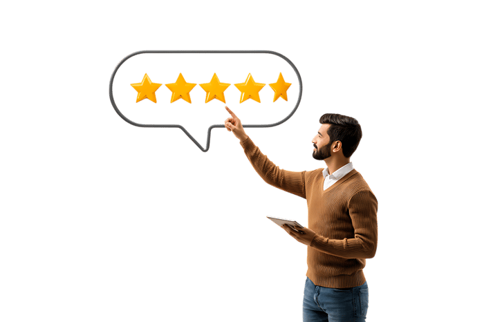 Man pointing at five star rating in speech bubble.