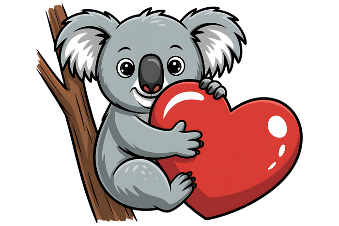 Cartoon koala holding a red heart