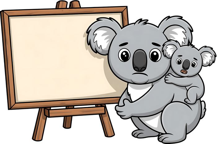 Cartoon koala bear with baby and blank easel