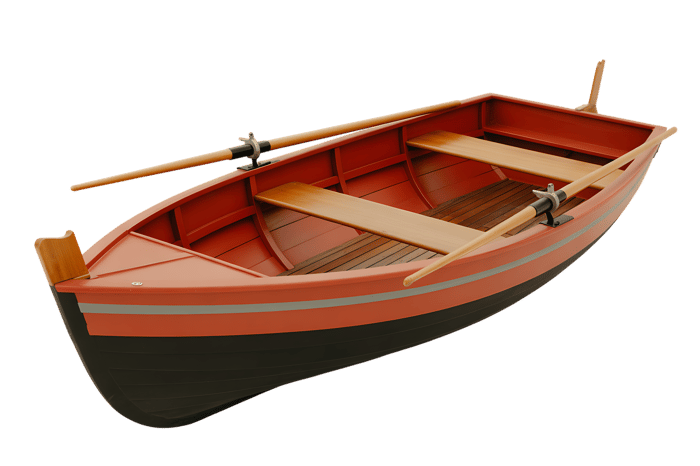 Classic wooden rowboat with oars