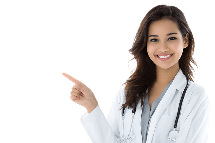 Smiling female doctor points right634