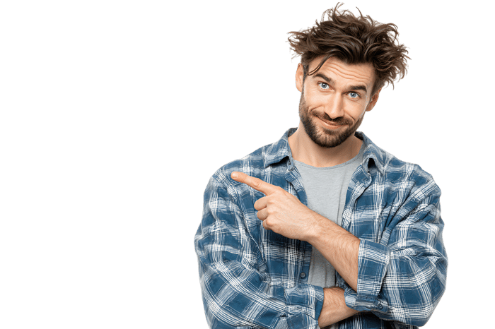 Smiling man in plaid shirt points towards something.  Ideal for advertising, social media, or blogs.