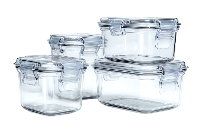 Set of clear glass food storage containers with lids.