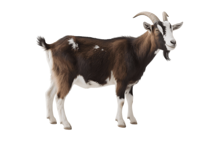 Standing goat with brown body, white legs and head
