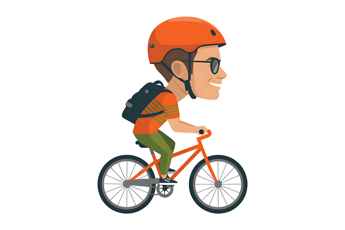 Cartoon man riding a bike with helmet and backpack
