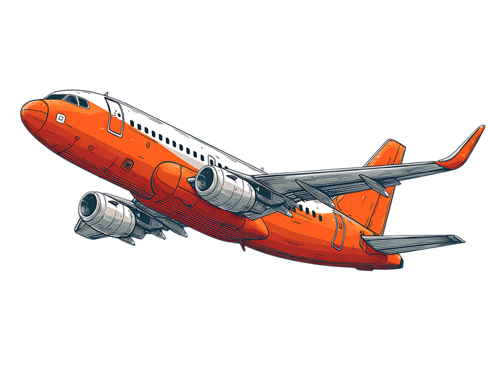 Orange airplane flying in the sky, aviation illustration
