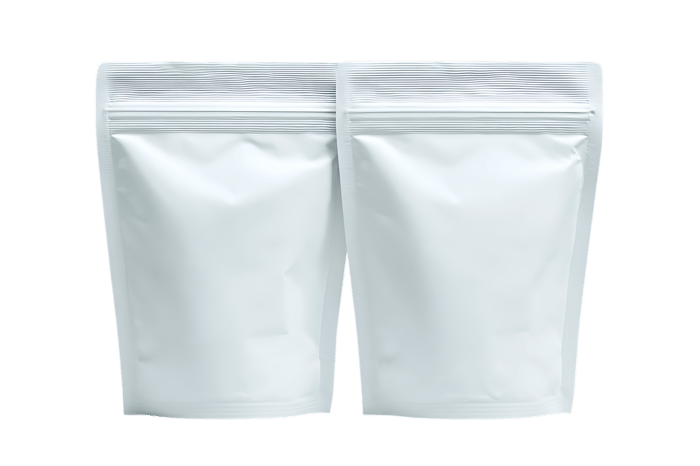Two blank white stand up pouches, ready for your design.
