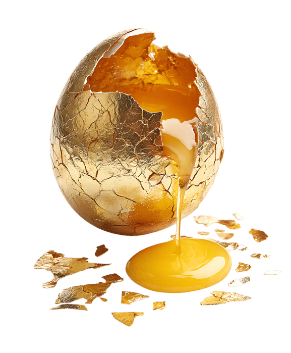Golden egg yolk spills out of cracked shell.