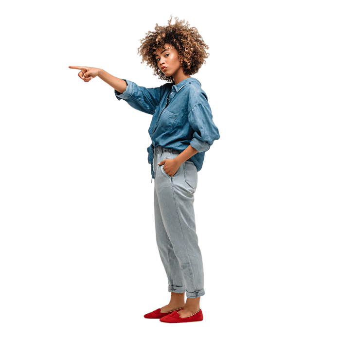 Young woman pointing her finger, giving directions or instructions.