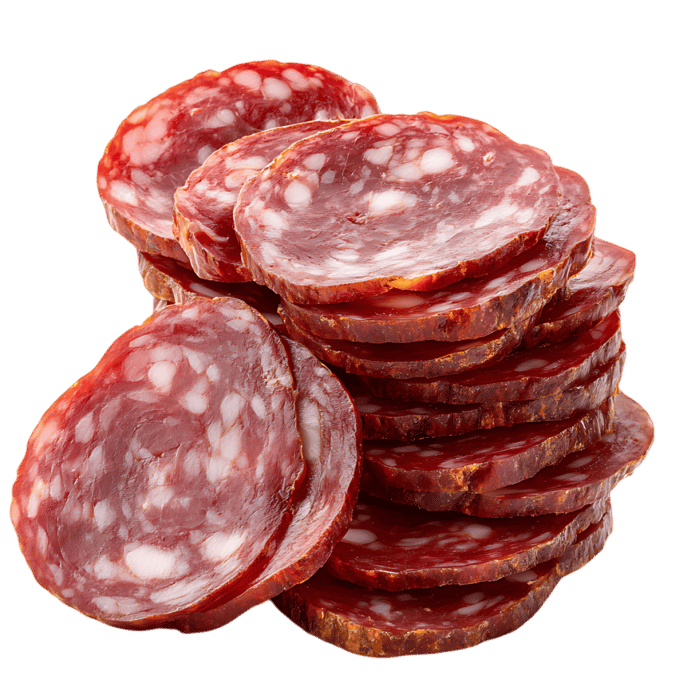 Sliced salami on a black background