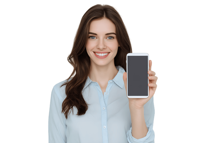 Happy young woman presenting a smartphone with a blank screen.