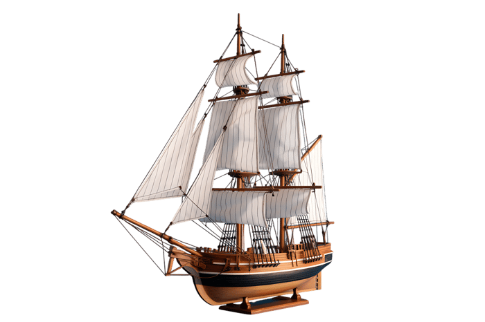 Detailed sailing ship model with white sails