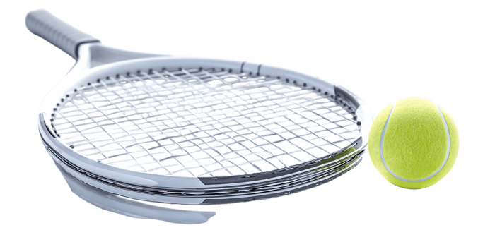 Close up of tennis racket and ball on black background.