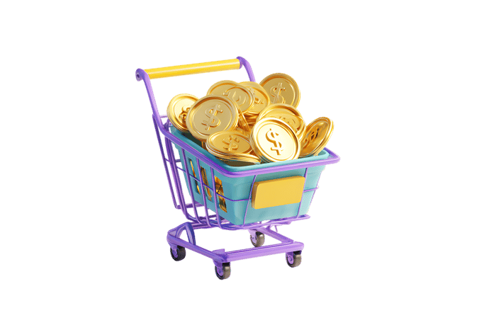 Shopping cart full of gold coins. Concept of wealth, finance, and success.