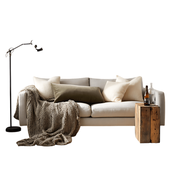 Modern sofa cozy blanket and stylish decor