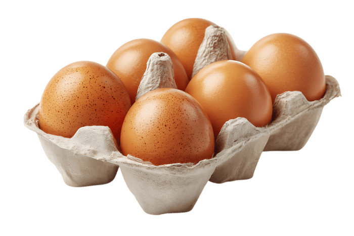 Fresh brown eggs in a cardboard egg carton.