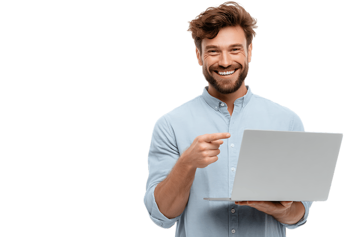 Smiling man presenting laptop, technology concept