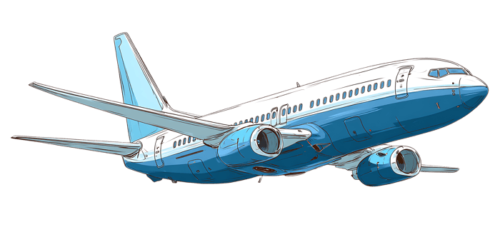 Blue and white passenger airplane in flight illustration