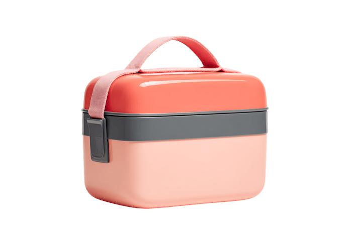 Pink and grey bento box with handle, isolated on black background.