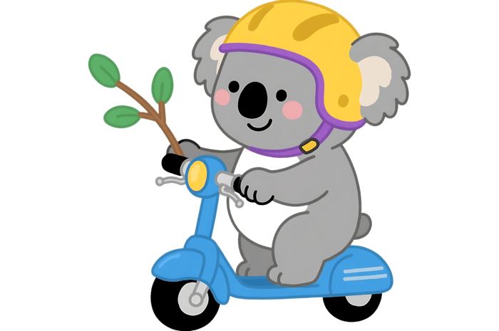 Cartoon koala on scooter with helmet and branch