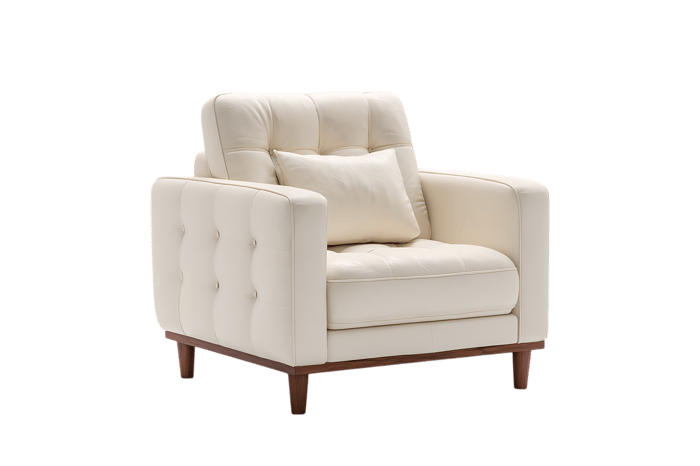 Cream armchair with wooden legs and button tufting