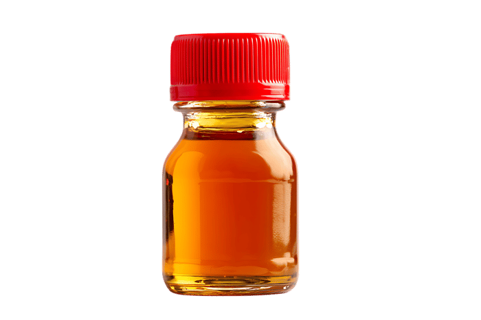 Amber liquid in a small bottle.