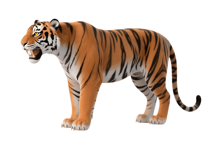 Roaring tiger with teeth showing on transparent background