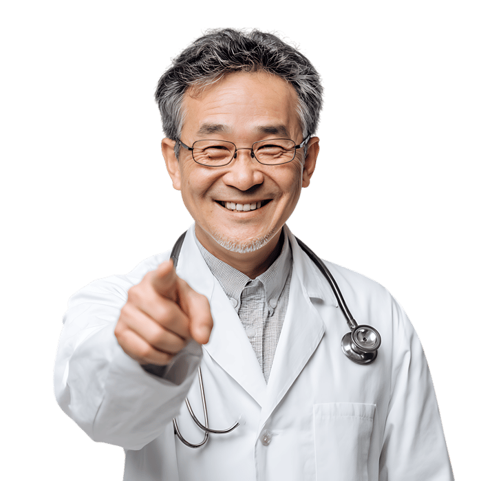 Smiling Asian doctor points at you460.
