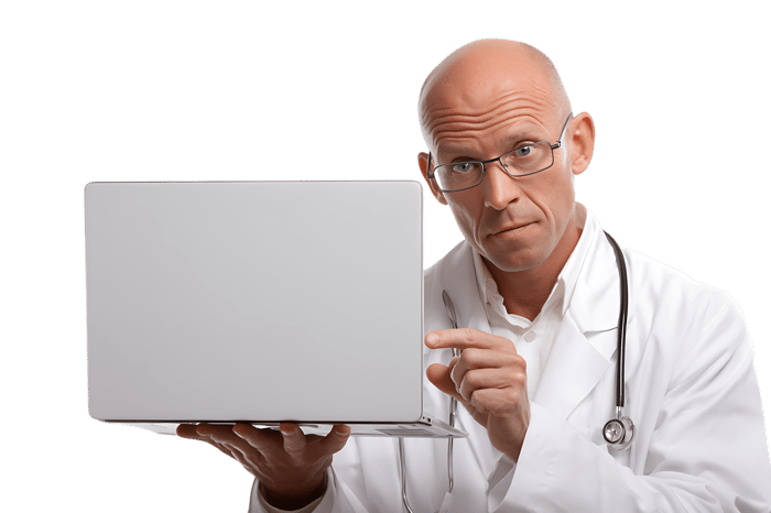 Male doctor presenting laptop