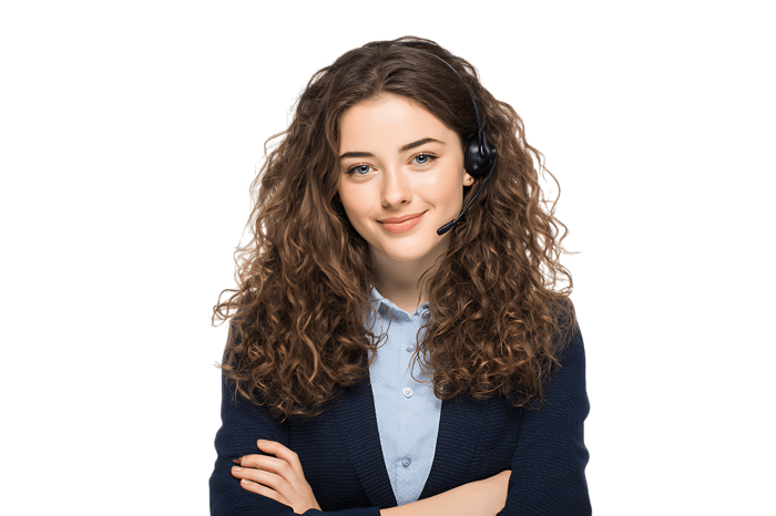 Smiling female customer service representative wearing headset.