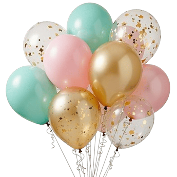 Festive balloons bouquet with gold confetti for celebration