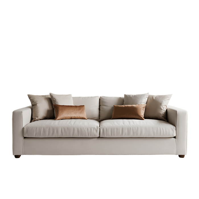 Beige sofa with pillows isolated on white background