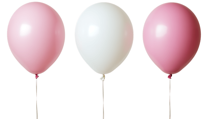 Three balloons, pink, white, pink. Festive, celebratory.