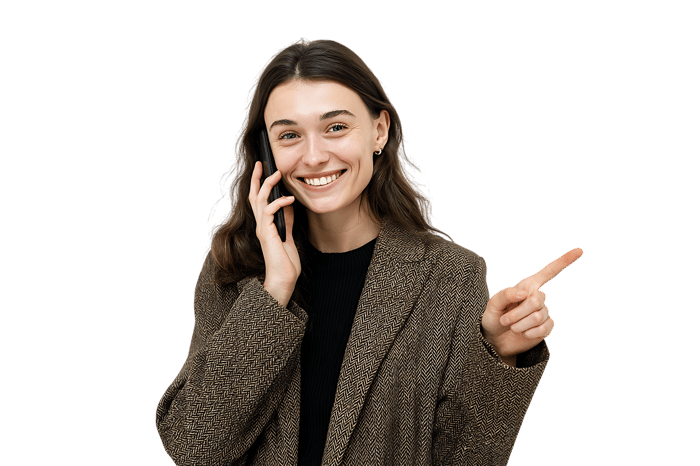 Smiling woman on phone, pointing. Customer service, communication concept994.
