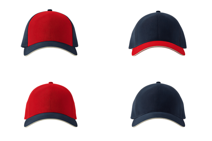 Trucker and classic baseball cap mockups in red and navy blue.