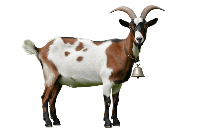 Brown and white goat with bell