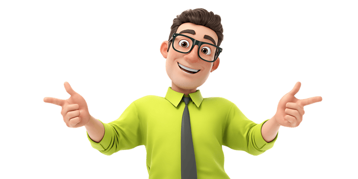 3d cartoon man with glasses pointing fingers