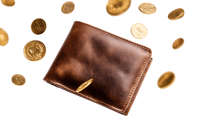 Brown leather wallet with gold coins falling
