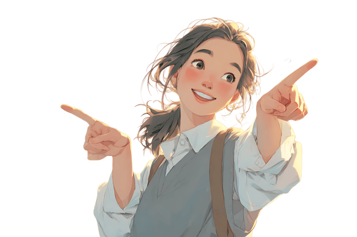 Happy girl pointing both ways with a cheerful smile