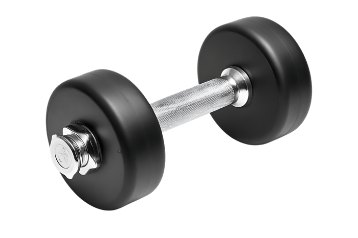 Close up of a single black dumbbell.