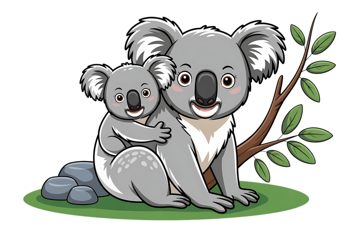 Cartoon illustration of a mother koala bear with her baby