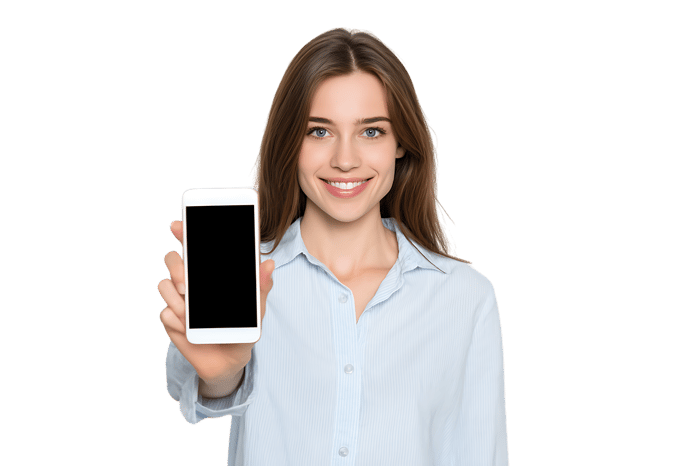 Smiling woman showing blank smartphone screen.