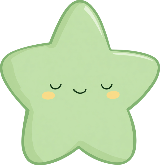 Cute green star cartoon character with closed eyes