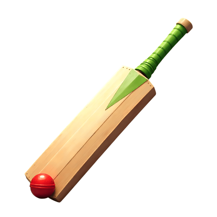Cricket bat with green handle and red ball isolated on white background, essential equipment for the sport