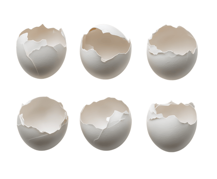 Six broken eggshells on black background