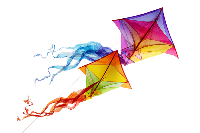 Two vibrant kites soaring in the wind.  Perfect for summer, fun, and freedom.
